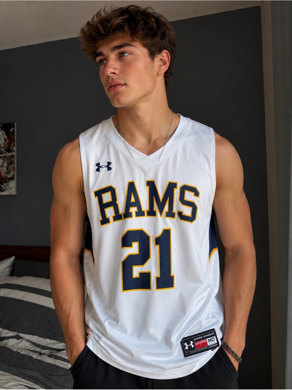 Under Armour RAMS #21 Basketball Jersey White Blue Gold Youth XL Athletic Tank